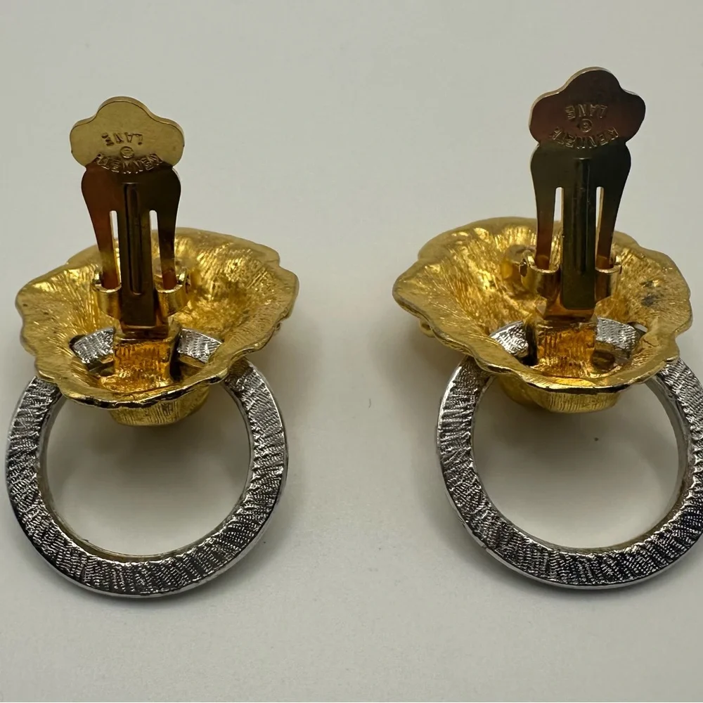 Vtg KJL Kenneth J Lane Lion Leo Door Knocker Clip Earrings Rhinestones Gold Tone - Picture 9 of 11